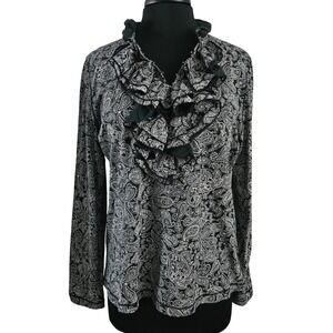 Lauren Ralph Lauren Ruffle Neck Top Women Large Black Paisley Long Sleeve Dark